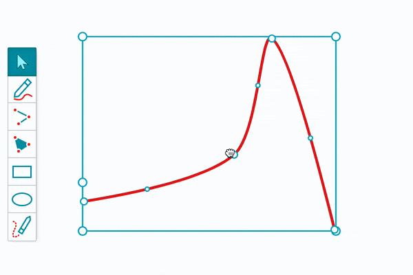 A gif from the Grab A Whiteboard interface. It shows the select tool being used to drag a point from a previously drawn, curved, polyline around. There is a bounding box drawn around the polyline which updates to contain the curve as it changes. Handles for updating the other points along the curve are also shown.