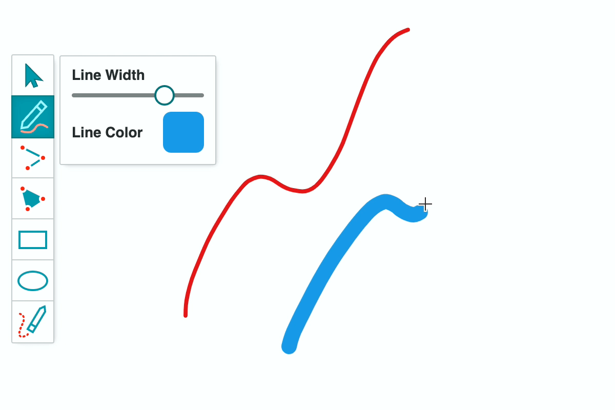 A screenshot from the Grab A Whiteboard interface. It shows the pen tool being used to draw a squiggly blue line alongside a previously drawn, thinner, squiggly red line. The pen tool's customization menu is shown. It allows changing line width via slider and line color via a color picker widget.