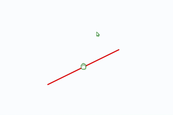 A gif from the Grab A Whiteboard interface. It is similar to the earlier one that showed a polyline point being moved, but this time the hand doing the moving is not a system icon and there is no bounding box shown. The hand icon is drawn in green, and represents the actions of another user at the board. This time the polyline is made up straight line segments rather than curved ones. A non-system arrow cursor sits nearby, showing the cursor position of yet another user.
